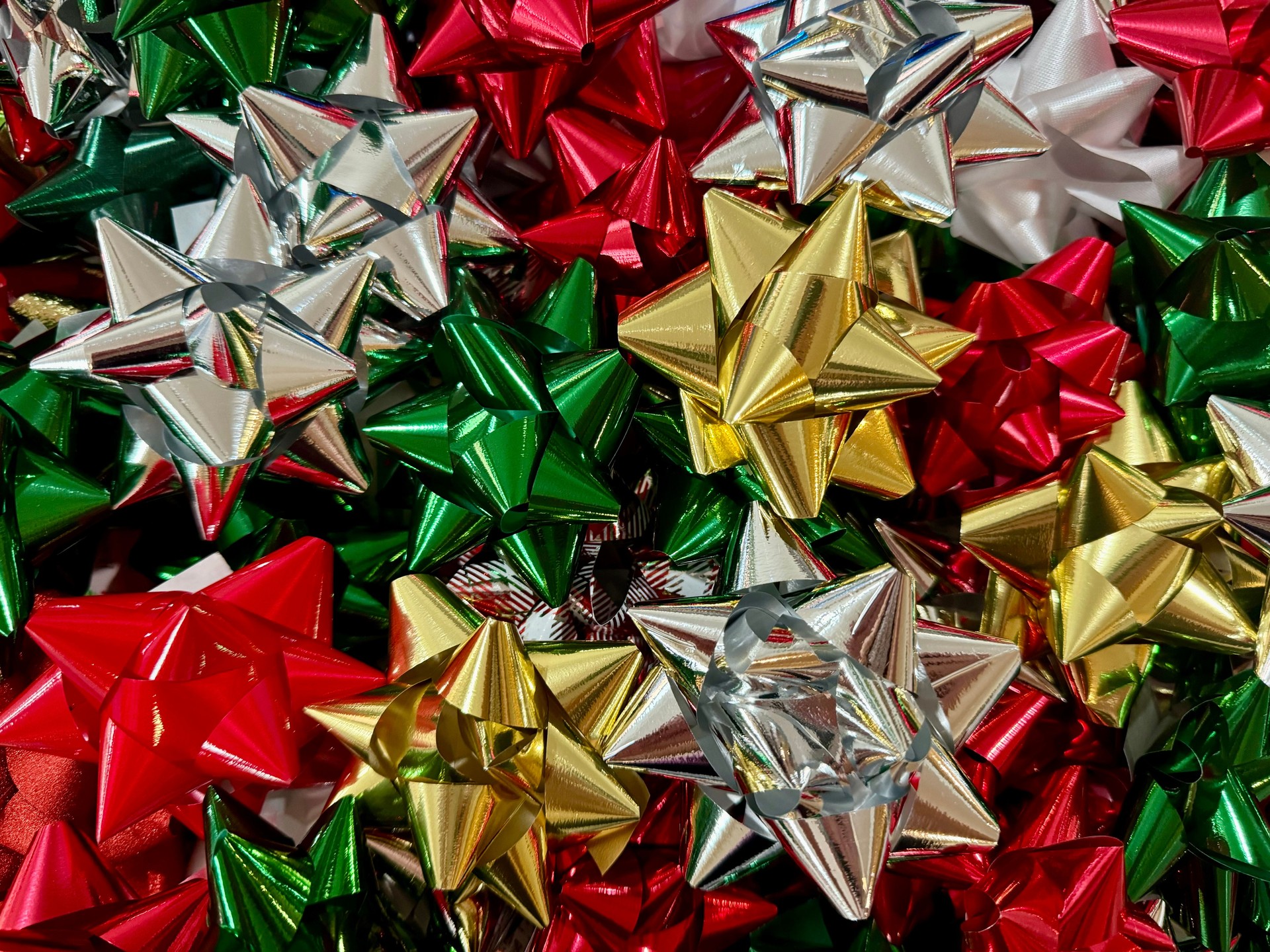 Red green gold and silver Christmas bows for gift wrapping